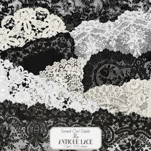 Clipart de renda antiga: renda digital preta, branca e crua (PNG, download instantâneo)