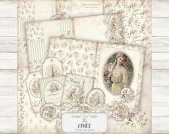 Printable Junk Journal Pages: Vintage Ephemera, Watercolor Roses (Digital Download)