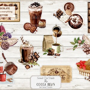 Puede incluir: Un conjunto de pegatinas imprimibles con ilustraciones de granos de cacao, chocolate caliente y barras de chocolate. Las pegatinas est&aacute;n dise&ntilde;adas en un estilo acuarela con colores marrones, blancos y verdes. El texto en las pegatinas dice "&iexcl;El chocolate lo hace todo mejor!" y "Haba de cacao".
