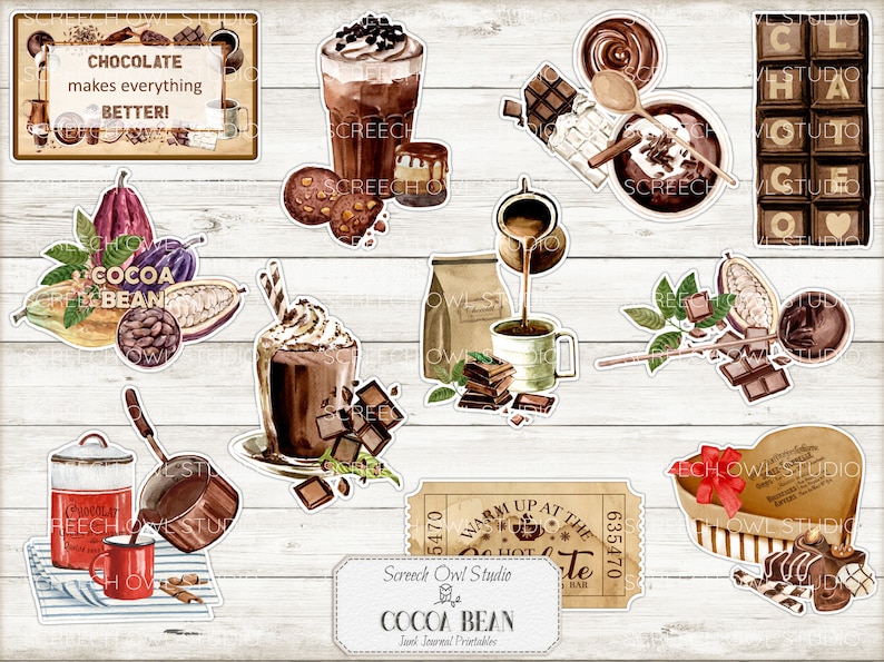 Puede incluir: Un conjunto de pegatinas imprimibles con ilustraciones de granos de cacao, chocolate caliente y barras de chocolate. Las pegatinas est&aacute;n dise&ntilde;adas en un estilo acuarela con colores marrones, blancos y verdes. El texto en las pegatinas dice "&iexcl;El chocolate lo hace todo mejor!" y "Haba de cacao".