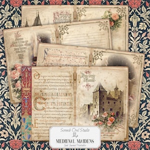 May include: A set of printable journal pages with a medieval theme. The pages feature a variety of designs, including a castle, flowers, and calligraphy. The pages are in shades of brown, cream, and red.