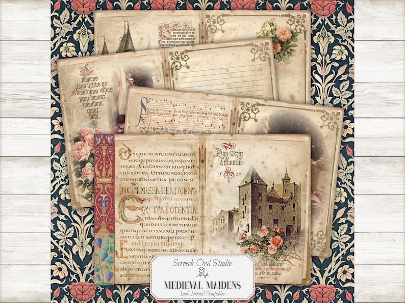 May include: A set of printable journal pages with a medieval theme. The pages feature a variety of designs, including a castle, flowers, and calligraphy. The pages are in shades of brown, cream, and red.