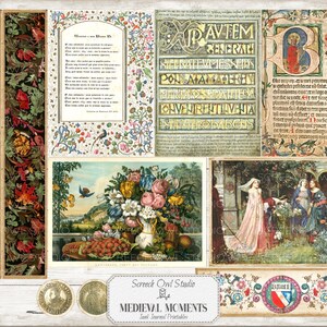 Puede incluir: Una hoja de collage digital con tem&aacute;tica medieval. La hoja presenta im&aacute;genes de flores, una escena de jard&iacute;n, una mujer con un vestido y una p&aacute;gina de un manuscrito medieval. La hoja tambi&eacute;n incluye un borde con un dise&ntilde;o floral y un escudo con un escudo y una corona.