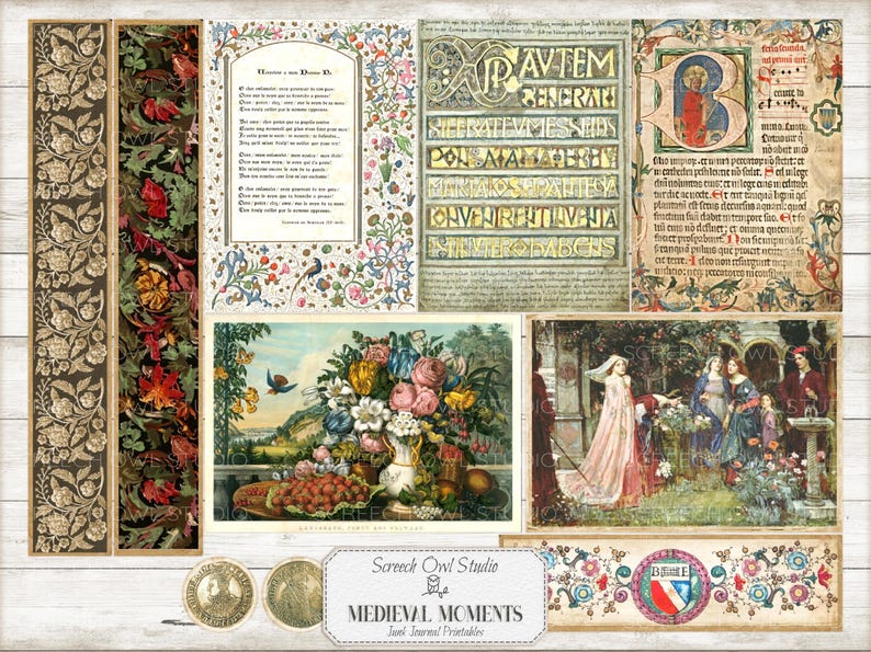 Puede incluir: Una hoja de collage digital con tem&aacute;tica medieval. La hoja presenta im&aacute;genes de flores, una escena de jard&iacute;n, una mujer con un vestido y una p&aacute;gina de un manuscrito medieval. La hoja tambi&eacute;n incluye un borde con un dise&ntilde;o floral y un escudo con un escudo y una corona.