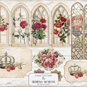 Puede incluir: Un conjunto de hojas de collage digitales imprimibles con im&aacute;genes de tem&aacute;tica medieval. Las im&aacute;genes incluyen vidrieras con dise&ntilde;os florales, coronas y una pancarta que dice "Medieval Moments".