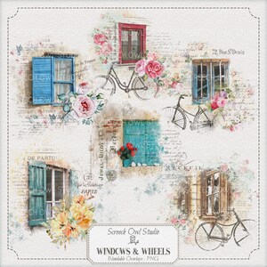 Cottage Windows & Bicycles Watercolor Overlays: Digital Scrapbook Design (PNG)