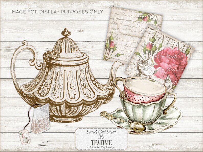 Printable Tea Bag Envelopes, Roses, Gift Cards and Tags, Tea Party Stationery, Junk Journal Ephemera, Instant Digital Download - Teatime
