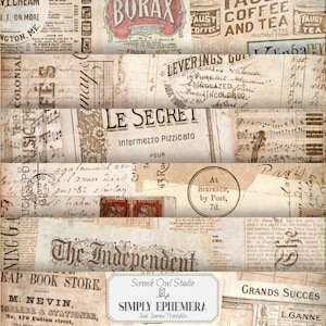 Collage de efímeras antiguas, papel de fondo, papel imprimible para diario basura, papel para álbumes de recortes, suministros para manualidades de papel - Simply Ephemera