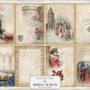 Puede incluir: Un kit de diario imprimible con tem&aacute;tica medieval. El kit incluye seis p&aacute;ginas con im&aacute;genes de castillos, flores y personas con ropa medieval. El texto "Medieval Moments" est&aacute; impreso en la parte inferior de la p&aacute;gina.