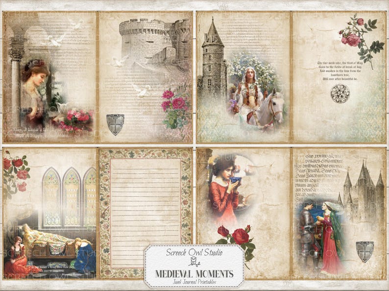 Puede incluir: Un kit de diario imprimible con tem&aacute;tica medieval. El kit incluye seis p&aacute;ginas con im&aacute;genes de castillos, flores y personas con ropa medieval. El texto "Medieval Moments" est&aacute; impreso en la parte inferior de la p&aacute;gina.