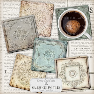 May include: Set of six printable shabby chic ceiling tile coasters featuring a variety of distressed designs in shades of blue, white, and beige. The coasters are printed with the text "Screech Owl Studio" and "Shabby Ceiling Tiles".