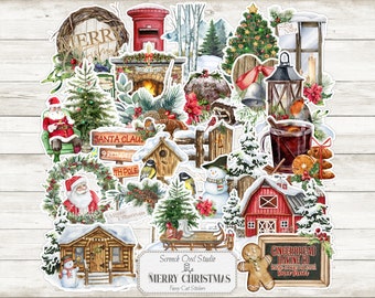 May include: A collection of Christmas-themed stickers featuring Santa Claus, a snowman, a red barn, and a gingerbread man. The stickers include text that reads "Merry Christmas" and "Gingerbread Baking Co."