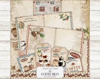 May include: A digital printable pack of vintage-style coffee themed journal pages. The pack includes a variety of designs featuring coffee beans, coffee cups, and coffee grinders. The text "Screech Owl Studio Coffee Bean" is featured on the bottom of the page.