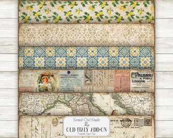 Puede incluir: Un paquete de papel digital con un tema italiano vintage. El paquete incluye seis diseños diferentes con limones, patrones de azulejos, mapas y postales antiguas. El texto "Screech Owl Studio" y "Old Italy Add-On" es visible en el paquete.