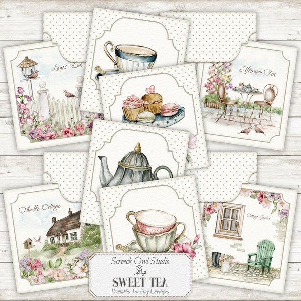 Printable Tea Bag Envelopes and Ephemera, Teatime Party Favours, Gift Tags, Note Cards, Journaling Supplies, Paper Craft - Sweet Tea