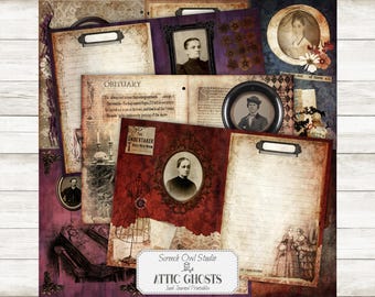 May include: A vintage-style collage with a gothic theme, featuring portraits, aged paper, and the text "Obituary" and "The Undertaker Has His How". The color scheme includes burgundy, purple, and sepia tones, creating a nostalgic atmosphere.