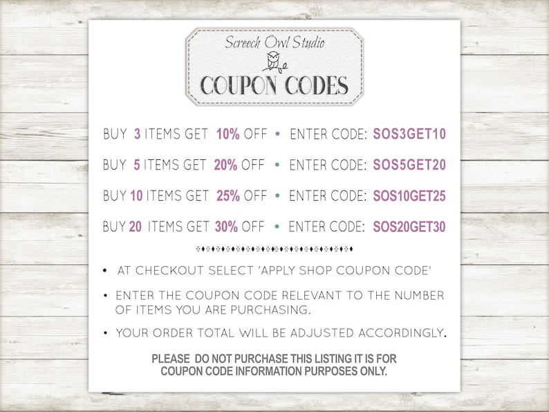 May include: A pink and white coupon code graphic with the text "Screech Owl Studio Coupon Codes". The graphic lists coupon codes for discounts on purchases of 3, 5, 10, and 20 items. The graphic also includes instructions for applying the coupon codes at checkout.
