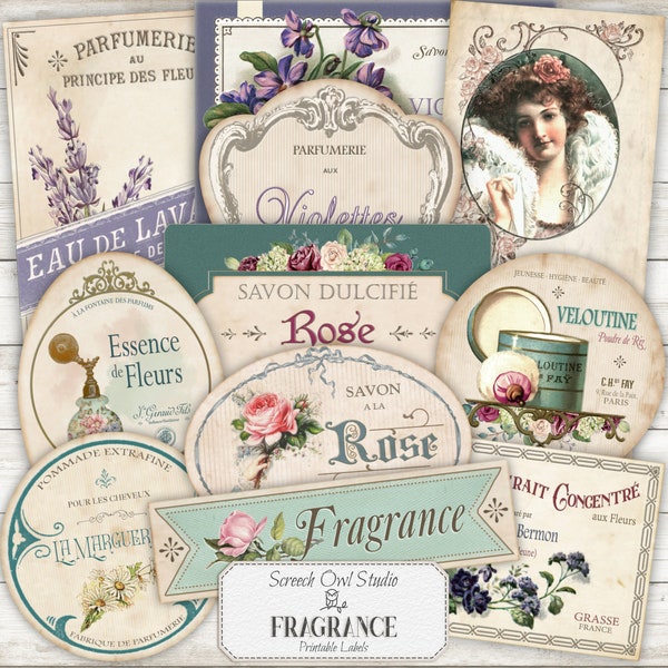 French Perfume Labels, Collage Sheet, Vintage Cosmetic Labels, Journal Tuck Spots, Gift Tags, Journal Ephemera, Papercrafting - Fragrance