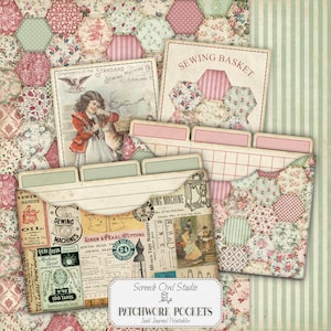 Tasche patchwork, effimeri diari di cucito vintage, carta da giornale di scarto, schede indice, schede di giornale, creazione di carta