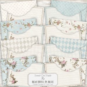 Papelería imprimible, sobres y tarjetas, material para diarios, elementos para diarios basura, manualidades con papel, scrapbooking - Beautiful in Blue