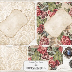 Puede incluir: Un conjunto de p&aacute;ginas de diario imprimibles con un dise&ntilde;o floral vintage. Las p&aacute;ginas presentan un patr&oacute;n de damasco y un patr&oacute;n floral con flores rojas, rosas y verdes. Las p&aacute;ginas est&aacute;n etiquetadas como "Medieval Moments" y "Junk Journal Printables".