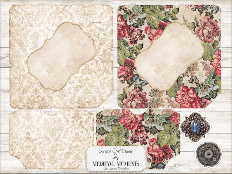 Puede incluir: Un conjunto de p&aacute;ginas de diario imprimibles con un dise&ntilde;o floral vintage. Las p&aacute;ginas presentan un patr&oacute;n de damasco y un patr&oacute;n floral con flores rojas, rosas y verdes. Las p&aacute;ginas est&aacute;n etiquetadas como "Medieval Moments" y "Junk Journal Printables".