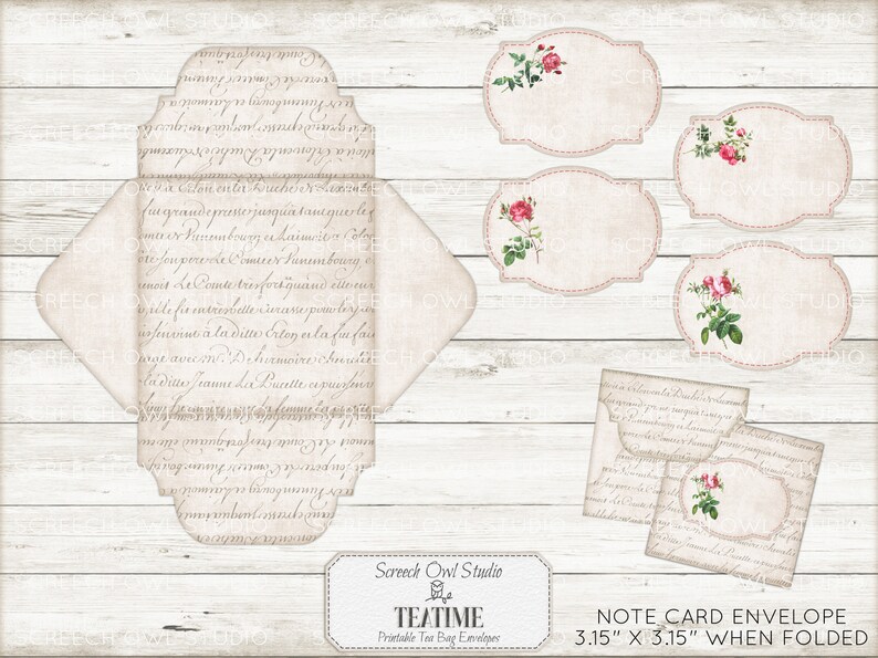 Puede incluir: Sobres imprimibles para bolsitas de t&eacute; con un dise&ntilde;o floral vintage. Los sobres miden 3,15 pulgadas por 3,15 pulgadas cuando est&aacute;n doblados. El dise&ntilde;o presenta un fondo rosa claro con una escritura a mano y detalles florales.