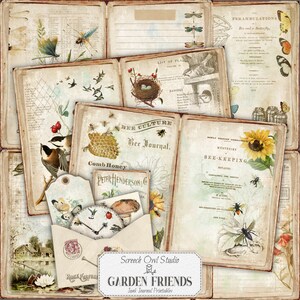 Vintage tuindagboek, afdrukbare ongewenste dagboekpagina's, vogels, bijen en vlinders, papierkunstbenodigdheden - Garden Friends