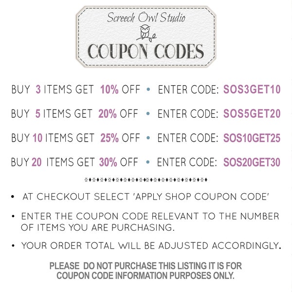 Coupon Codes for Screech Owl Studio, Promo Codes, Discount Coupons - Please DO NOT BUY this listing, it is for information purposes only.