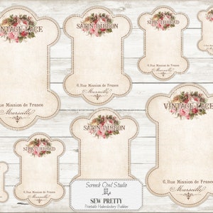 May include: Printable vintage-style labels with floral designs and the text "Vintage Lace", "Satin Ribbon", "Silk Thread", and "Cotton". The labels are in a light beige color with a brown border and a floral design in the top left corner. The text "6, Rue Mission de France Marseille" is printed on each label.