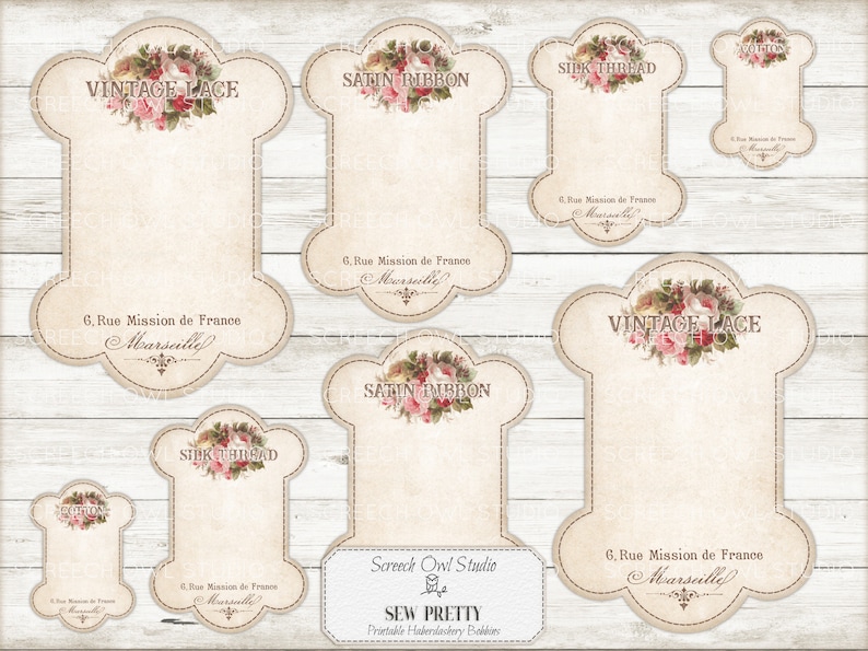 May include: Printable vintage-style labels with floral designs and the text "Vintage Lace", "Satin Ribbon", "Silk Thread", and "Cotton". The labels are in a light beige color with a brown border and a floral design in the top left corner. The text "6, Rue Mission de France Marseille" is printed on each label.