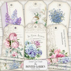 Druckbare Blumen Journal Tags, Washi Tape, Geschenkanhänger, Journaling Zubehör, Papier Handwerk Ephemera - Gemalt Garten Add-on #1