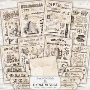 Envelopes imprimíveis, cartões de diário, etiquetas de pontos de dobra, artesanato em papel, diário de lixo - Montagem vintage