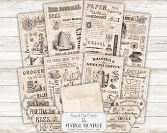 Printable Envelopes, Journal Cards, Tuck Spot Labels, Paper Craft, Junk Journal - Vintage Montage