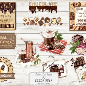 Puede incluir: Un conjunto de pegatinas digitales imprimibles con tem&aacute;tica de chocolate. Las pegatinas incluyen im&aacute;genes de barras de chocolate, granos de cacao, chocolate caliente y una cita sobre el chocolate. Las pegatinas son perfectas para agregar un toque de fantas&iacute;a a tu agenda, diario o &aacute;lbum de recortes.