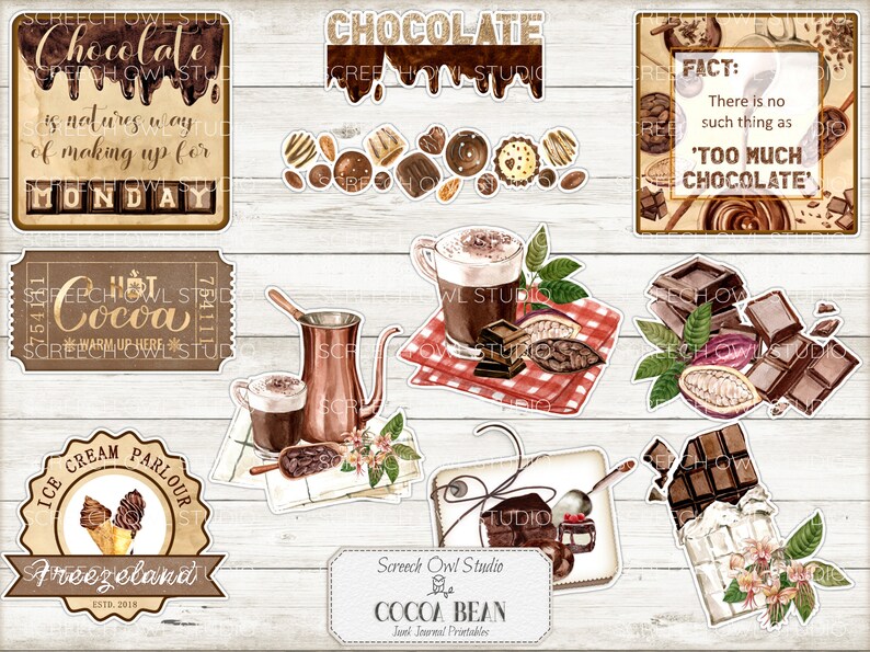 Puede incluir: Un conjunto de pegatinas digitales imprimibles con tem&aacute;tica de chocolate. Las pegatinas incluyen im&aacute;genes de barras de chocolate, granos de cacao, chocolate caliente y una cita sobre el chocolate. Las pegatinas son perfectas para agregar un toque de fantas&iacute;a a tu agenda, diario o &aacute;lbum de recortes.