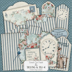 May include: A digital printable kit for scrapbooking and crafting featuring a vintage tea party theme. The kit includes images of teacups, clocks, floral patterns, and text that says "Collect Moments Not Things", "There's Nothing a Cup of Tea Can't Fix", "One Lump or Two?", and "Mrs. Julia R. Pender's Teas & Fancy Groceries".