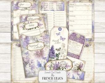 French Lilacs Perpetual Calendar Cards: Printable Journal Ephemera (Digital Download)