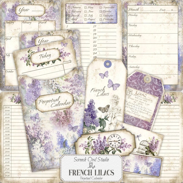 Perpetual Calendar Cards, Journal Ephemera, Planner Calendar Cards, Paper Craft Supplies, Printable Stationery - French Lilacs Add-on