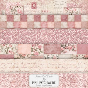 Afdrukbaar papier, Junk Journal Paper, Scrapbooking, Kaarten maken, Paper Craft - Pink Patchwork Paper Pack