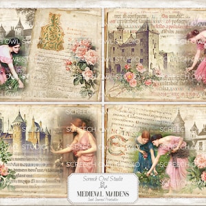 Junk Journal Printables, Paper Craft, Scrapbooking, Vintage Journal Pages and Ephemera - Medieval Maidens.  Instant Digital Download.  Screech Owl Studio printables.