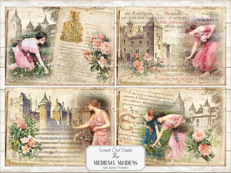 Junk Journal Printables, Paper Craft, Scrapbooking, Vintage Journal Pages and Ephemera - Medieval Maidens.  Instant Digital Download.  Screech Owl Studio printables.