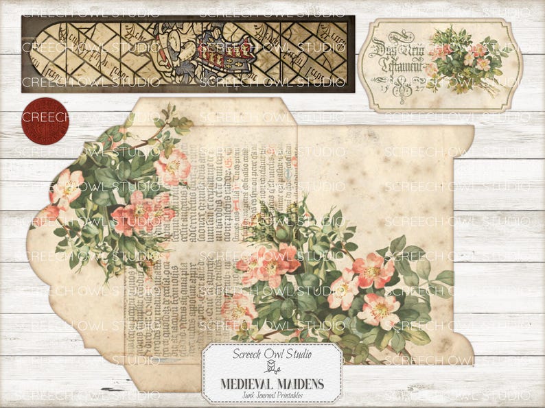 Junk Journal Printables, Paper Craft, Scrapbooking, Vintage Journal Pages and Ephemera - Medieval Maidens.  Instant Digital Download.  Screech Owl Studio printables.