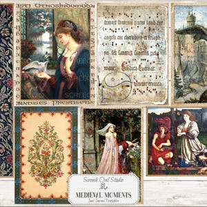 Puede incluir: Un collage digital de im&aacute;genes de tem&aacute;tica medieval, que incluye una mujer con una paloma, un castillo con un cuervo, un dise&ntilde;o floral y una escena con tres personas en un bosque. El texto "JSTI UTNOSINDOMOD" es visible en la esquina superior izquierda. El texto "Screech Owl Studio" y "MEDIEVAL MOMENTS" es visible en la parte inferior del collage.