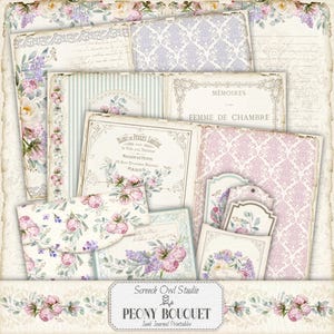Pagine e elementi del diario spazzatura stampabili, lavoretti di carta - Bouquet di peonie