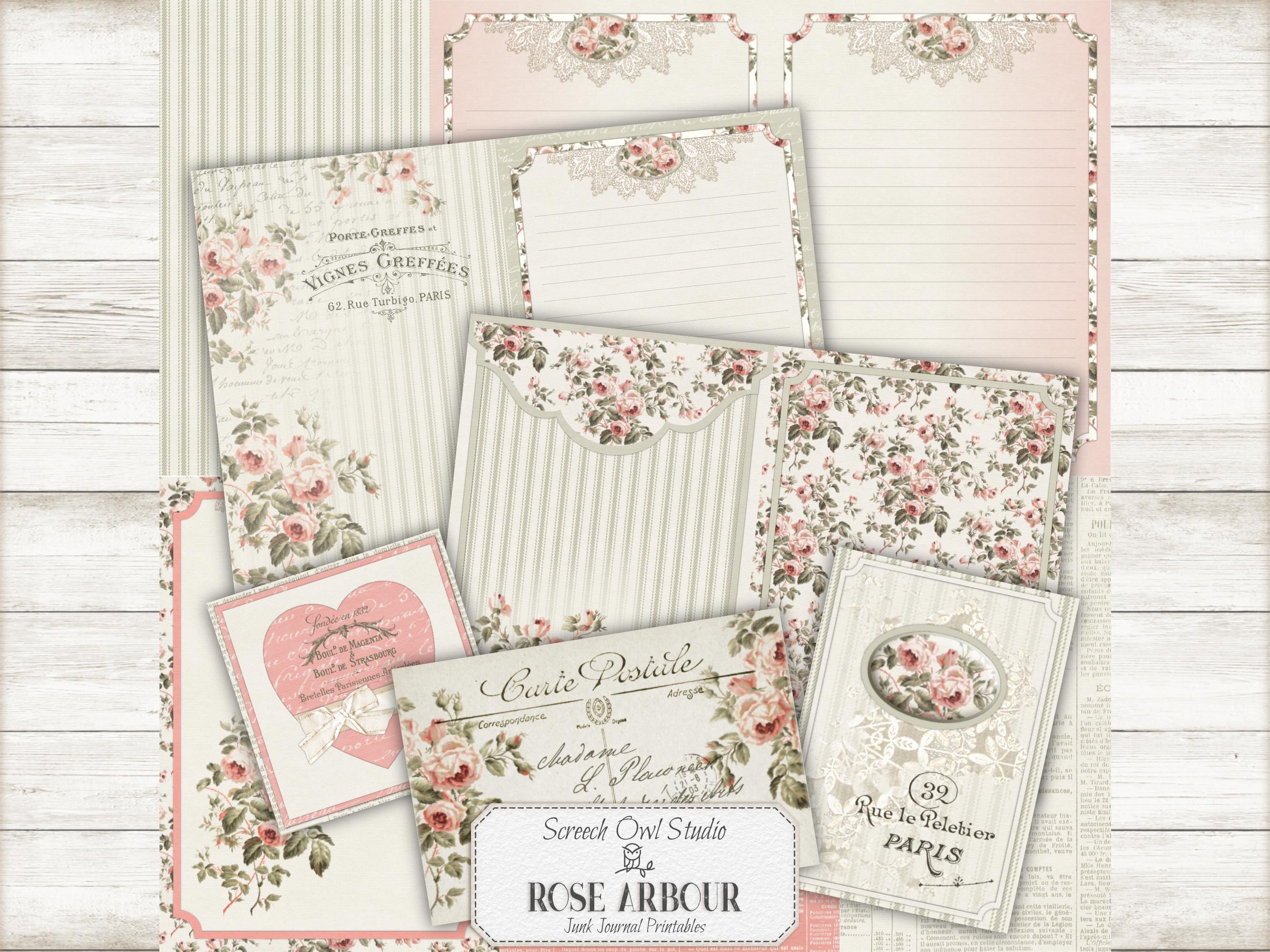 Printable Junk Journal Pages and Ephemera, Paper Craft Supplies, Scrapbooking - Rose Arbour