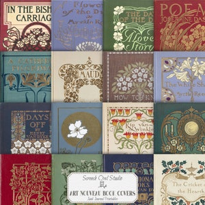 Puede incluir: Un collage de 12 portadas de libros vintage con diseños Art Nouveau. Las portadas presentan motivos florales, patrones intrincados y detalles dorados. Los títulos incluyen "In the Bishop's Carriage", "Flowers of the Dusk", "The Day of the  Dus", "A Love Story", "A Cathed  Pilgrima", "Maud", "How to Know", "The White Shadow", "Days Off", "Rip Van Winkle", "The Cricket on the Hearth", y "Poems by Josephine Daskam".