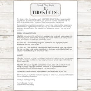 Puede incluir: Una hoja de papel blanca con texto negro que describe los t&eacute;rminos de uso para kits de dise&ntilde;o digital y clipart. El texto establece que los dise&ntilde;os est&aacute;n protegidos por derechos de autor y que no se pueden usar tal cual. El texto tambi&eacute;n establece que los dise&ntilde;os no se pueden incorporar en ning&uacute;n proyecto digital que se venda. El texto tambi&eacute;n establece que los dise&ntilde;os no se pueden imprimir y revender como suministros de manualidades de papel. El texto tambi&eacute;n establece que los dise&ntilde;os no se pueden compartir, intercambiar, agrupar o distribuir de ninguna manera, ni siquiera de forma gratuita. El texto tambi&eacute;n establece que los dise&ntilde;os se pueden incorporar en productos digitales finales que se vendan, pero las im&aacute;genes deben aplanarse sobre un fondo para evitar que se modifiquen o extraigan. El texto tambi&eacute;n establece que los dise&ntilde;os no se pueden usar para crear hojas de pegatinas, recortes delicados o incluirse en kits de scrapbooking digitales. El texto tambi&eacute;n establece que los dise&ntilde;os no se pueden modificar o volver a colorear y revender como el trabajo de otra persona. El texto tambi&eacute;n establece que los dise&ntilde;os son solo para uso personal.