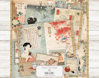 Japanese Edo Themed Junk Journal Pages and Ephemera, Printable Journal, Paper Craft, Scrapbooking, Instant Digital Download - Mikado
