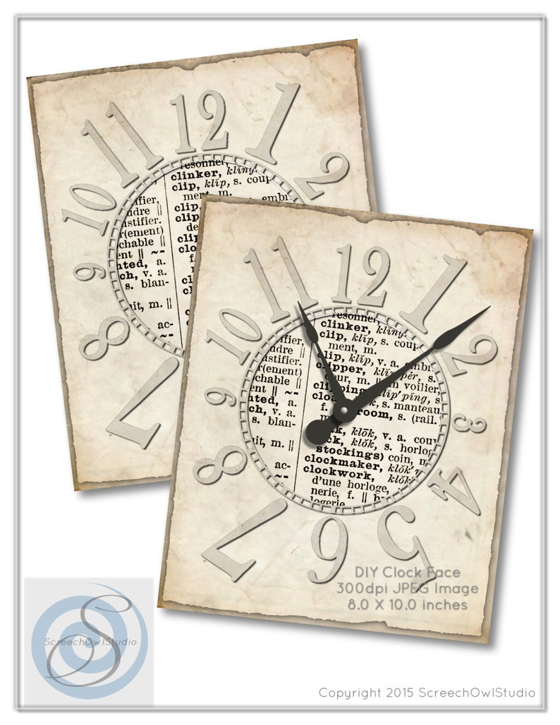 Orologio stampabile, dizionario carta orologio viso, Craft Supplies, Decoupage, Download immediato, orologio digitale